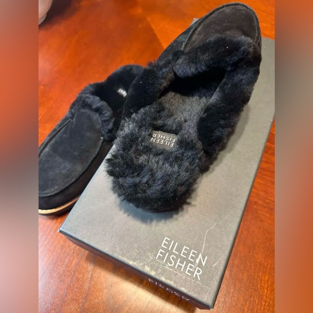 EILEEN FISHER Frost Black Suede Shearling Size 7 Lined Slip On Mules Shoes NEW